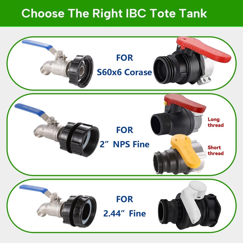 CbeeSo 3-Size IBC Tote Adapter, 275-330 Gallon IBC Tote Adapter 2.44" Fine, 2" Fine and 2" Coarse Thread + 304 Stainless Steel 3/4" Garden Hose Faucet for Garden Hose Connectors - Image 2